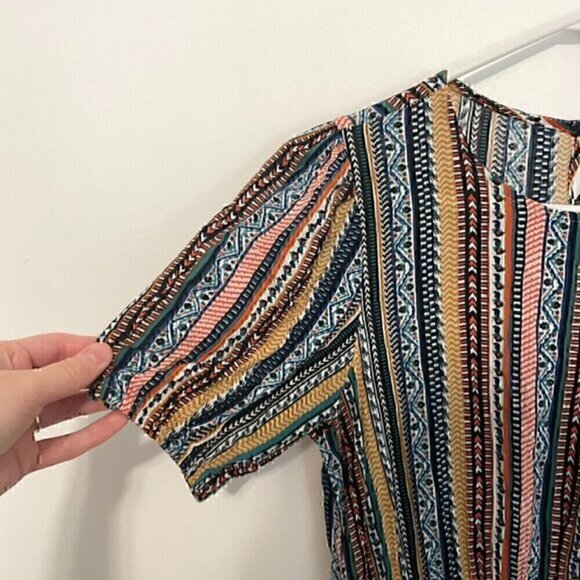 EMERY ROSE SHEIN Striped Puff Sleeve Dress White Black Multi Geometric Boho Midi - Picture 7 of 14